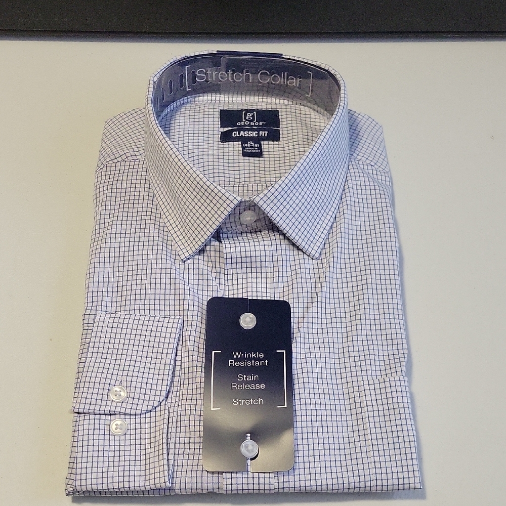 George White & Navy Micro-Check Stretch Collar Dress Shirt  3